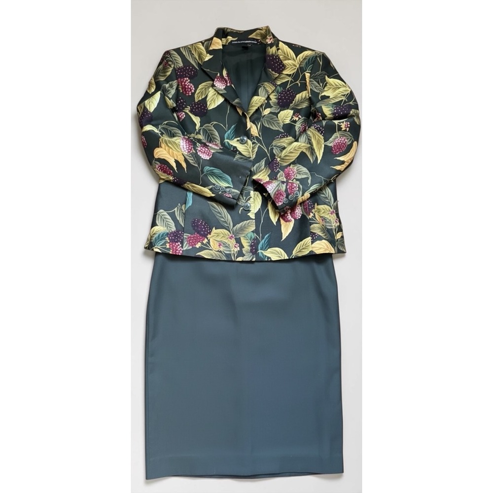 Ellen Tracy Linda Allard Silk Wool 3 Pc Skirt Suit Olive Floral Size 14